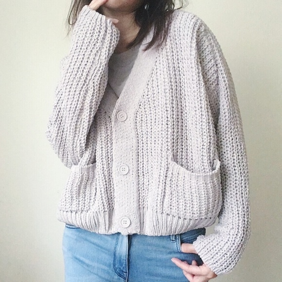 Oversized Light grey velvet cardigan - Picture 3 of 12